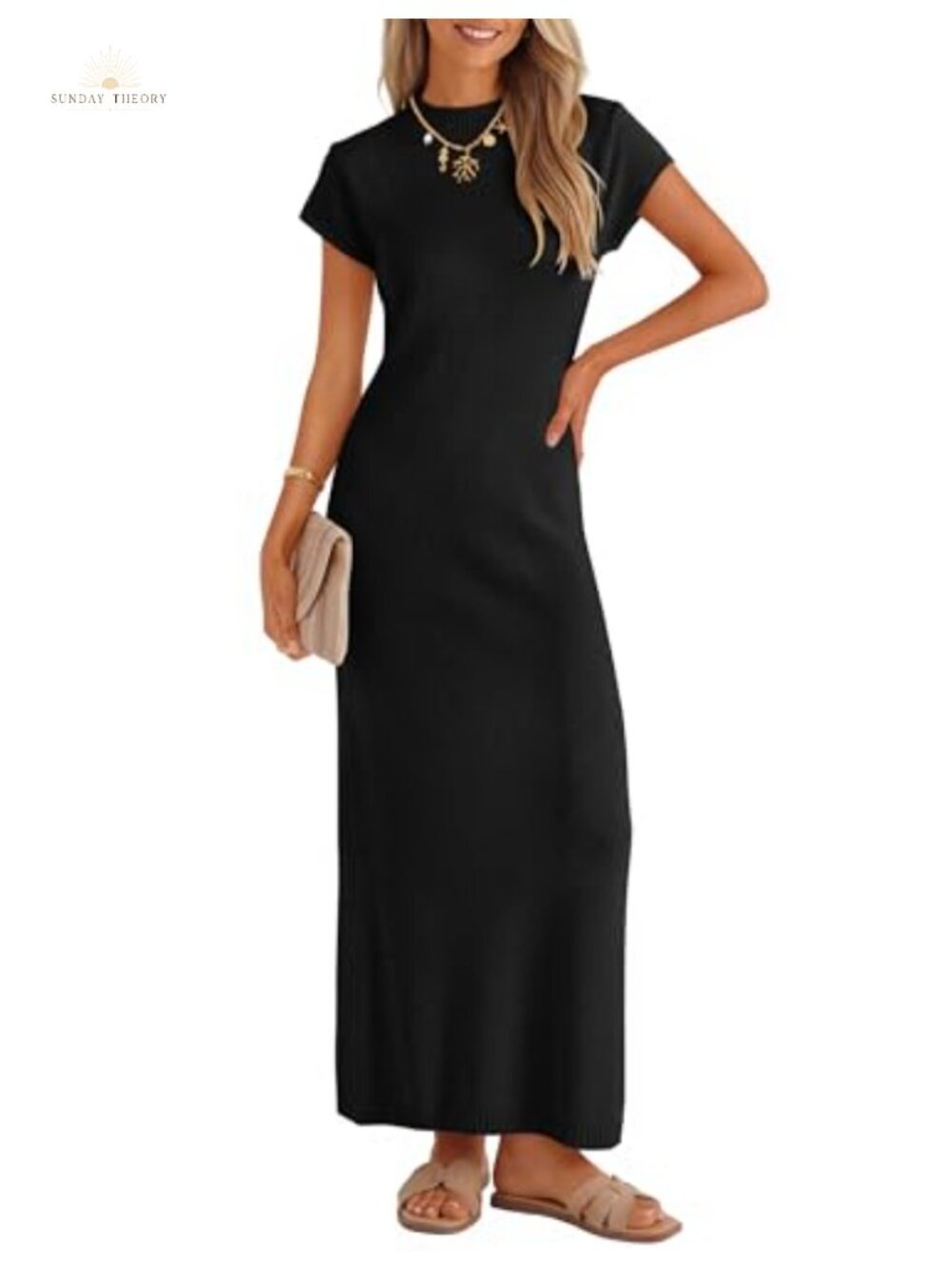 Bodycon Knit Short Sleeve Sweater Maxi Dress Slim Fit Business Casual